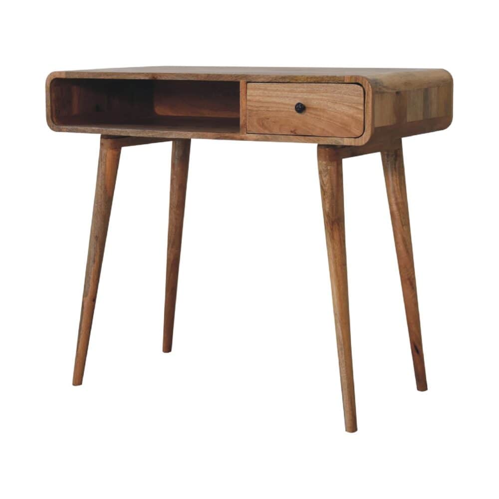 A mid-century style console table crafted from solid wood with a natural finish. It features a main… — 3D model