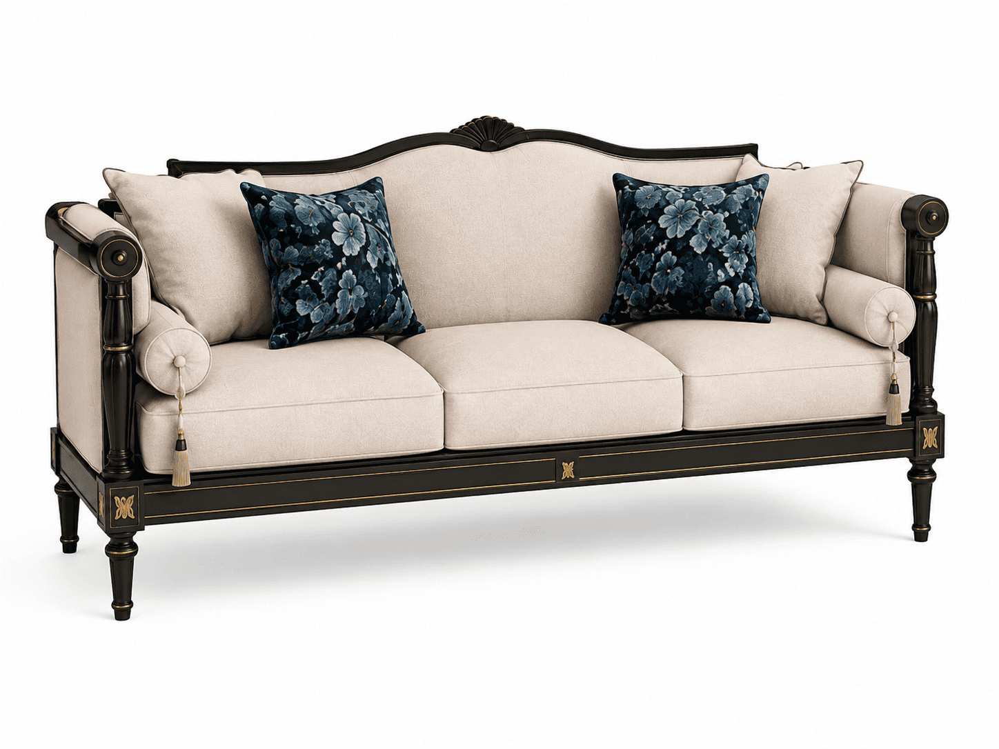 A Regency style three-seater sofa featuring an exposed, intricately carved wooden frame with a dark,… — 3D model