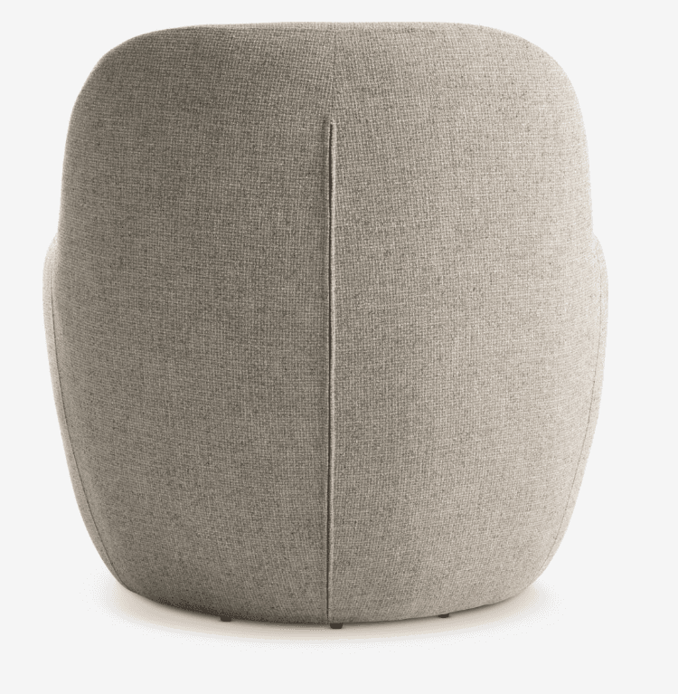 The image displays the back view of a contemporary upholstered barrel armchair. It features a contin… — 3D model