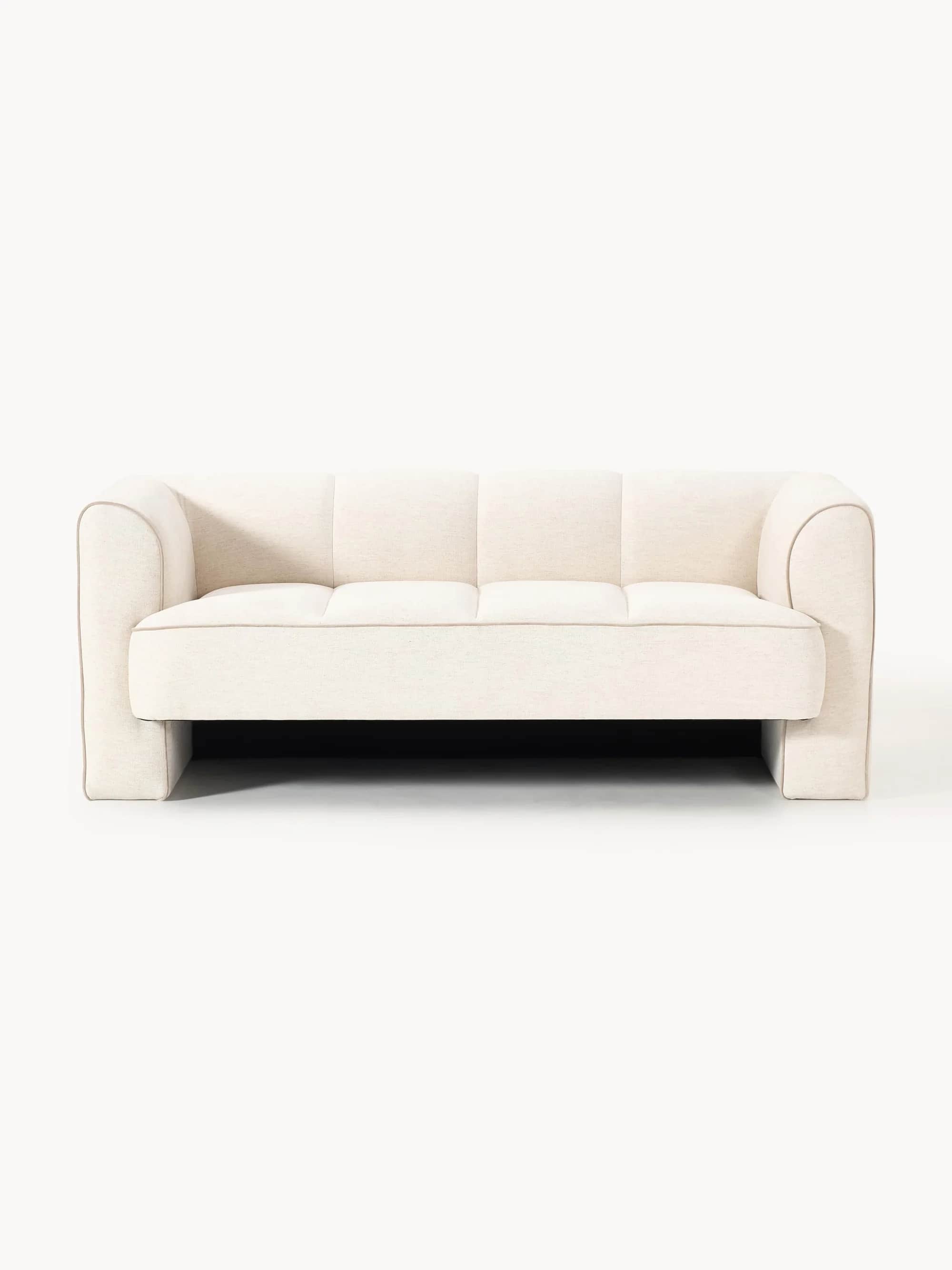 A modern three-seater sofa upholstered in a light, neutral-toned fabric. It features clean, straight… — free GLTF 3D model