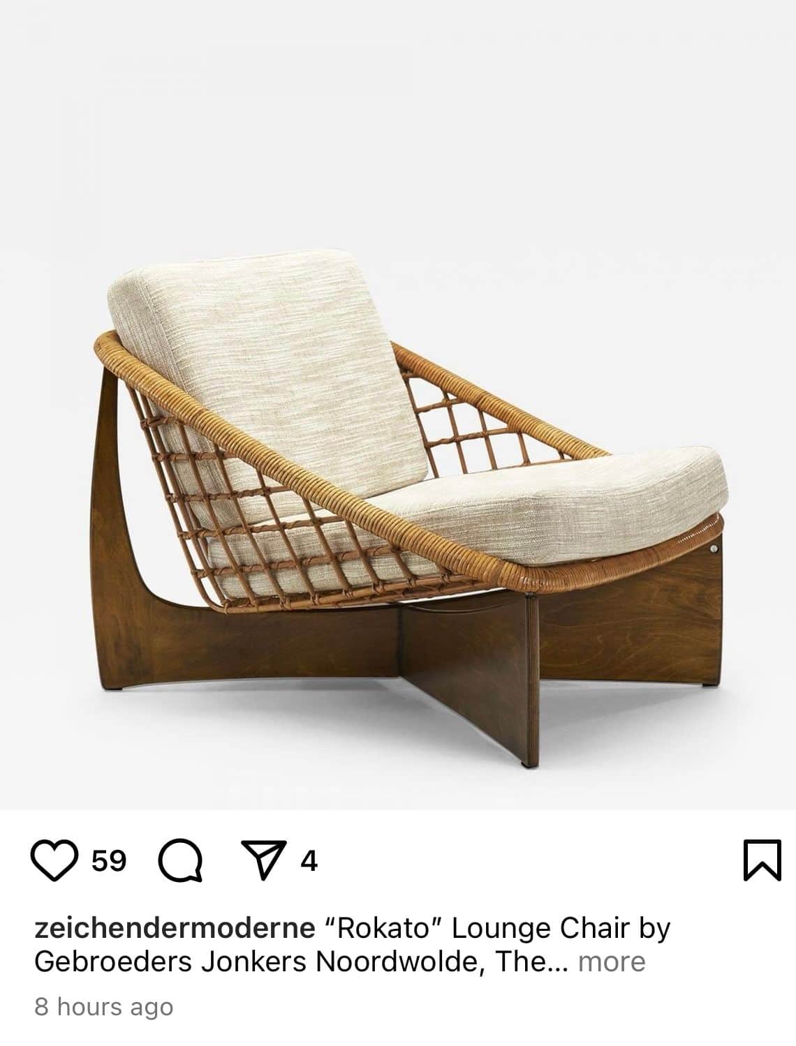 A Mid-Century Modern 'Rokato' lounge chair featuring a dark bentwood base and a distinctive woven ra… — 3D model