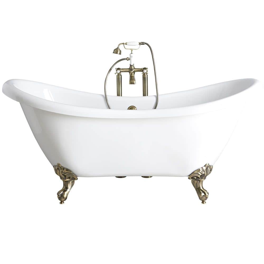 A white freestanding clawfoot bathtub featuring ornate antique brass claw feet and a deck-mounted an… — 3D model