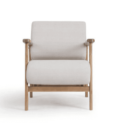 A modern lounge armchair featuring an exposed light-toned wooden frame and soft, light beige upholst… — free OBJ 3D model
