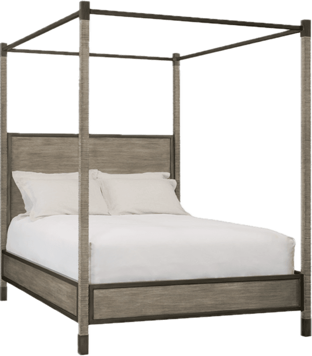 A canopy bed with a wooden frame. The headboard and footboard are constructed from wood planks with… — 3D model