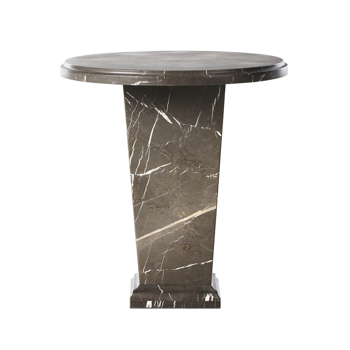 A dark marble pedestal table featuring a round top with a slightly raised edge, supported by a centr… — 3D model