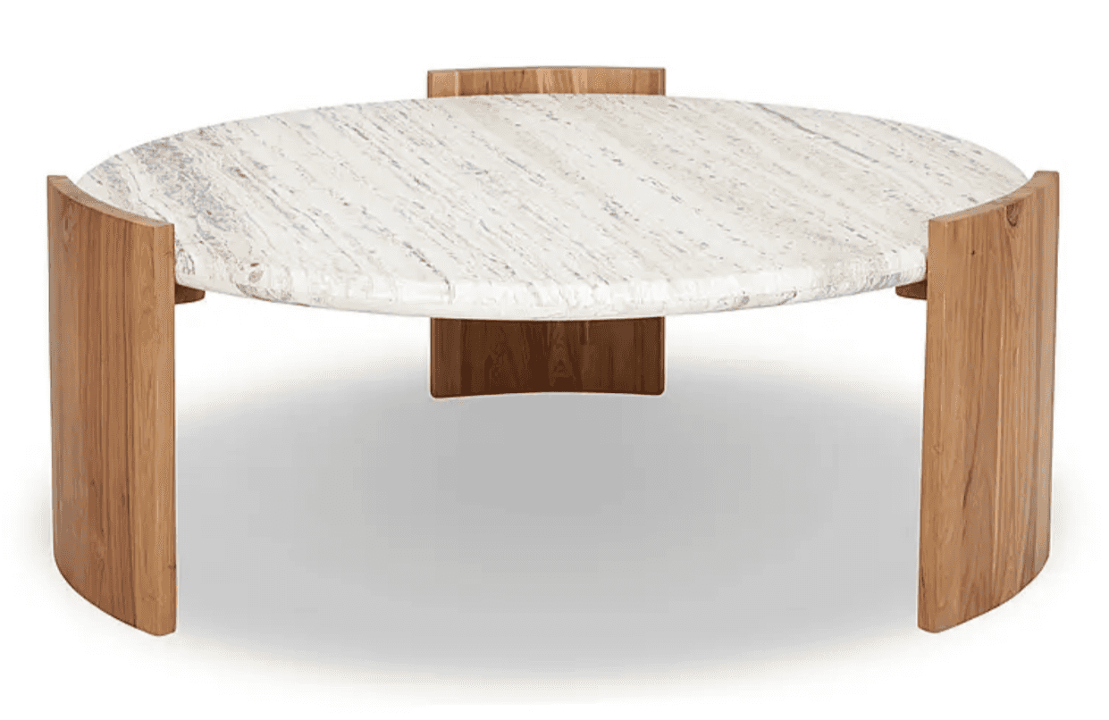 A contemporary round coffee table featuring a substantial marble top with prominent veining and a un… — free SKP 3D model
