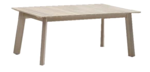 A light-colored rectangular dining table with a slatted wooden tabletop and four sturdy, tapered leg… — 3D model