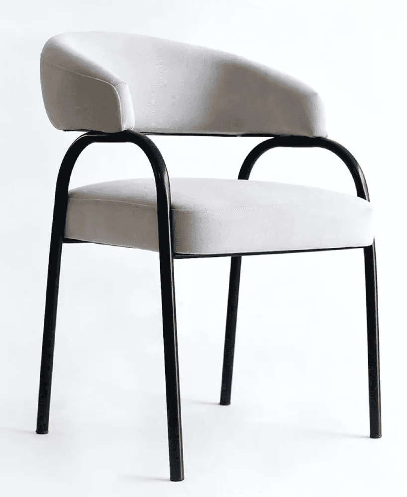 An elegant, modern dining chair featuring a light gray upholstered seat and a curved backrest with i… — 3D model