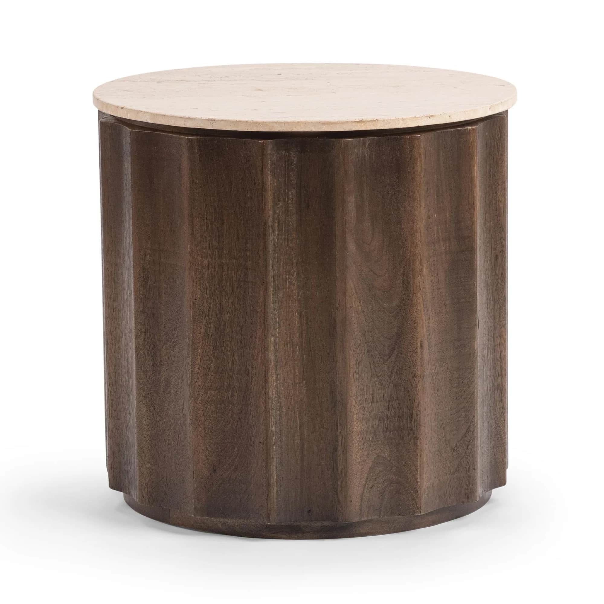 A cylindrical end table featuring a fluted wooden base and a smooth, round travertine top. The woode… — free BLEND 3D model