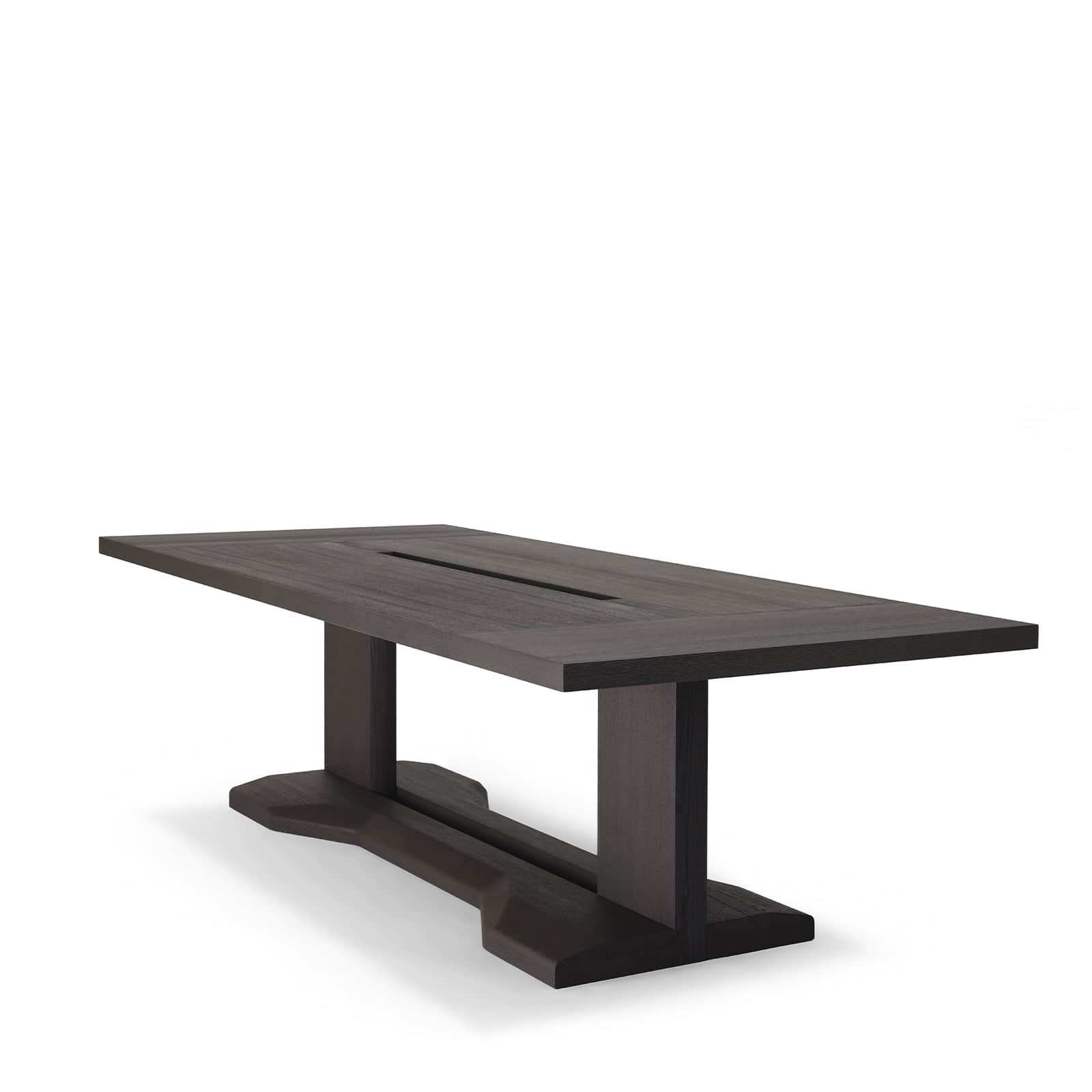 A substantial rectangular dining table crafted from dark-stained wood, likely oak. It features a thi… — 3D model