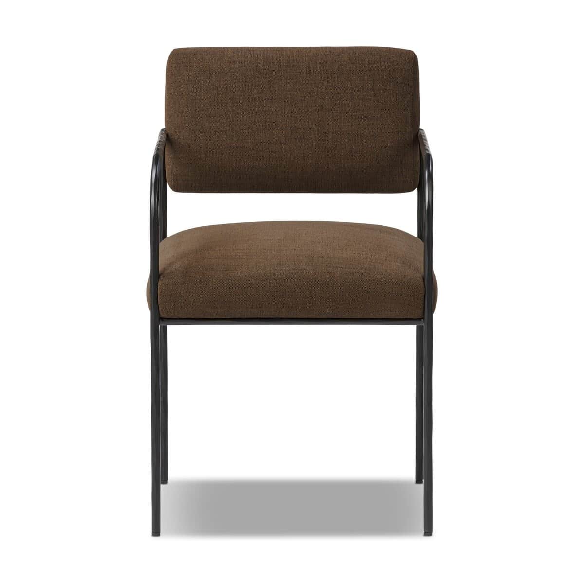 A modern dining armchair featuring a brown upholstered seat and backrest, supported by a sleek black… — 3D model