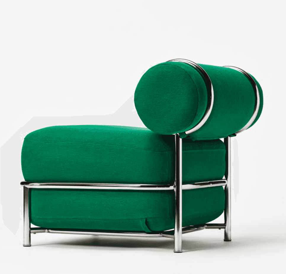 A modernist lounge chair featuring a bright emerald green upholstered seat and cylindrical bolster b… — 3D model