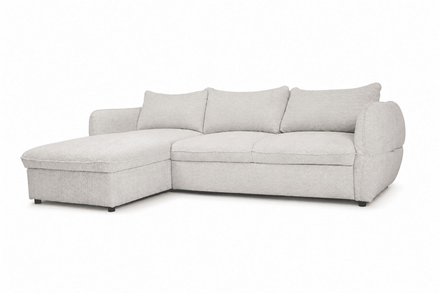An L-shaped sectional sofa upholstered in a light beige or cream boucle fabric, featuring a left-han… — 3D model