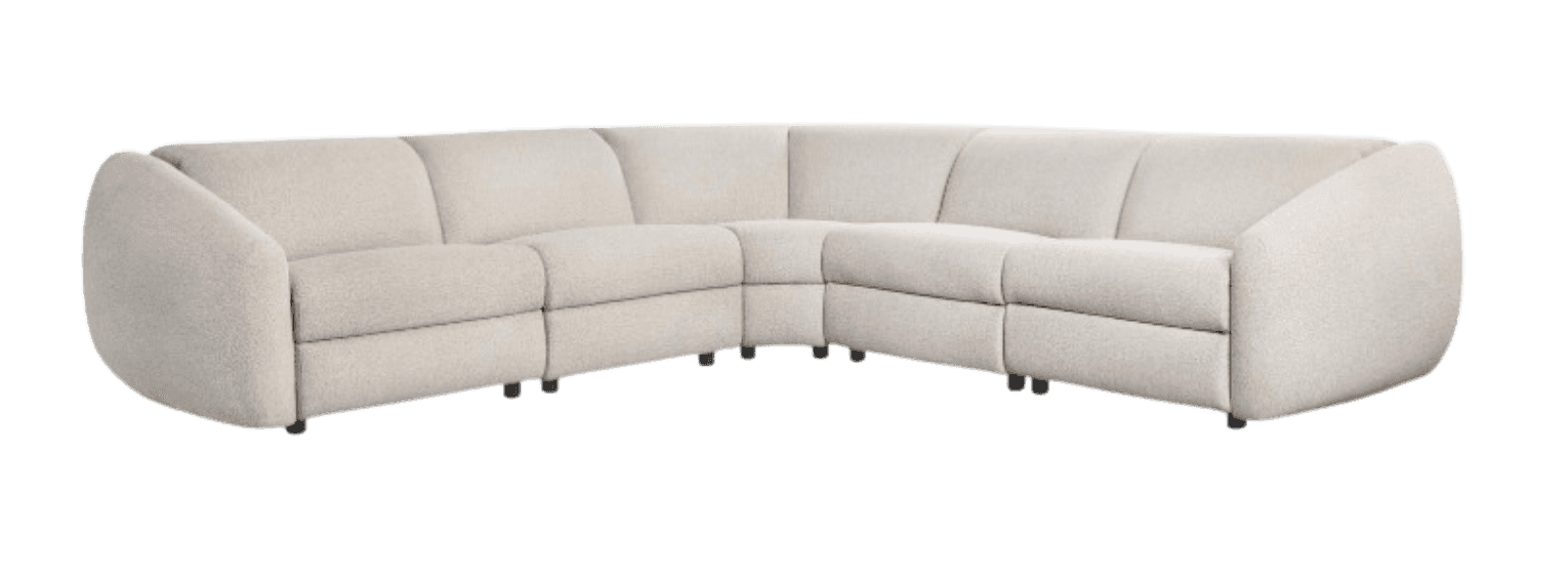 A large, light beige modular sectional sofa featuring a curved configuration and rounded end section… — 3D model