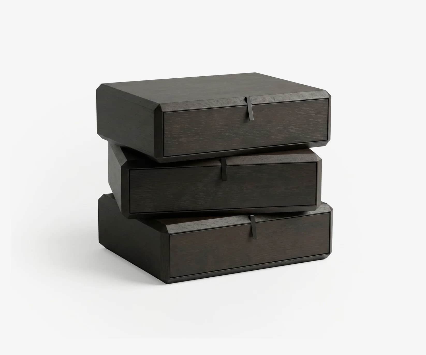 A set of three dark-stained wooden storage modules, stacked in an offset, dynamic arrangement. Each… — 3D model