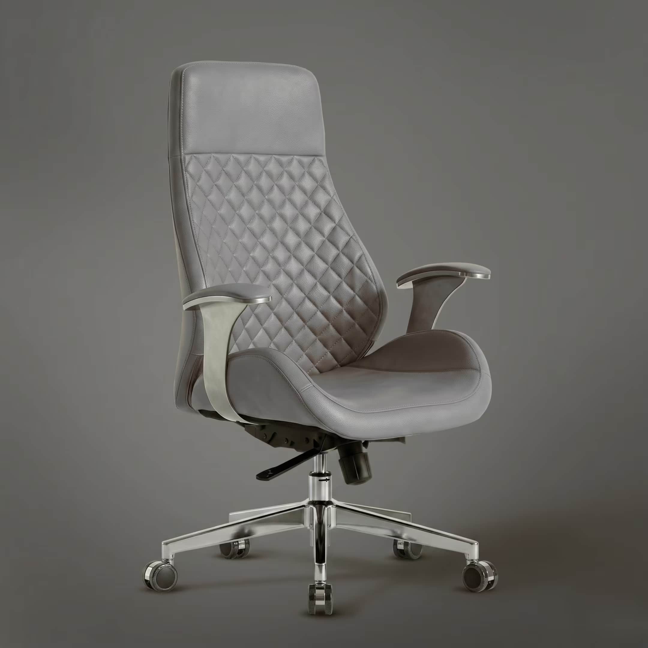A sophisticated high-back executive office chair featuring light grey quilted leather upholstery and… — 3D model