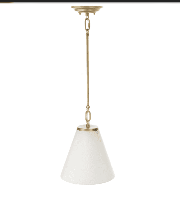 A single pendant light featuring a conical white shade suspended from a brushed brass rod and chain… — 3D model