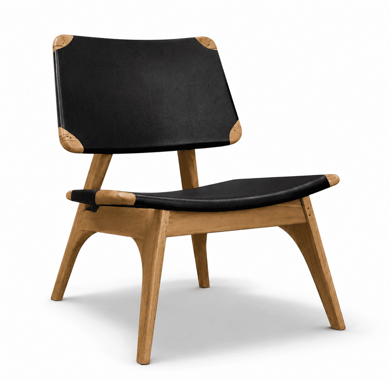A modern lounge chair with a wooden frame and black leather upholstery. The chair features a distinc… — 3D model