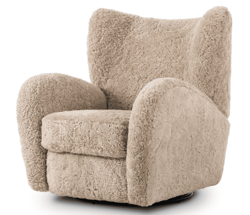 A modern armchair upholstered in a textured, light beige, fluffy boucle-like fabric, featuring gener… — free STL 3D model