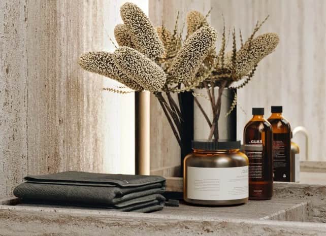 A minimalist decorative arrangement featuring a matte black ceramic vase holding several stems of dr… — 3D model