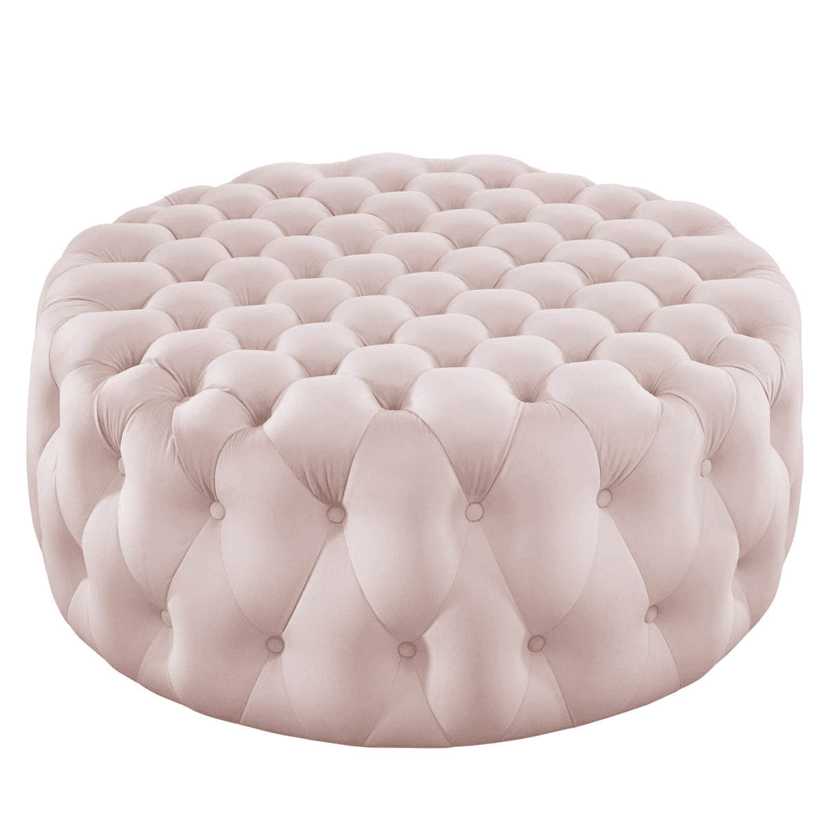 A circular, upholstered ottoman in a light pink velvet fabric, featuring deep button tufting across… — 3D model