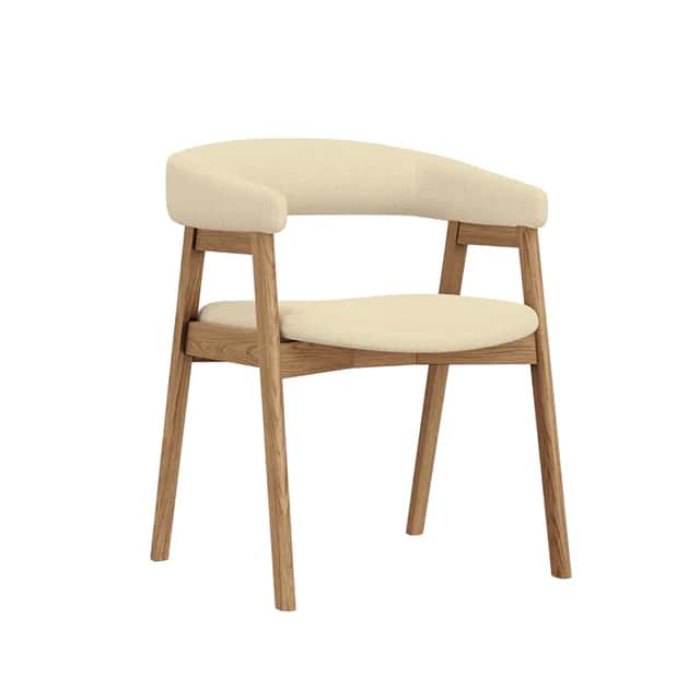 A modern armchair with a curved backrest and a seat upholstered in a light-colored textured fabric.… — 3D model