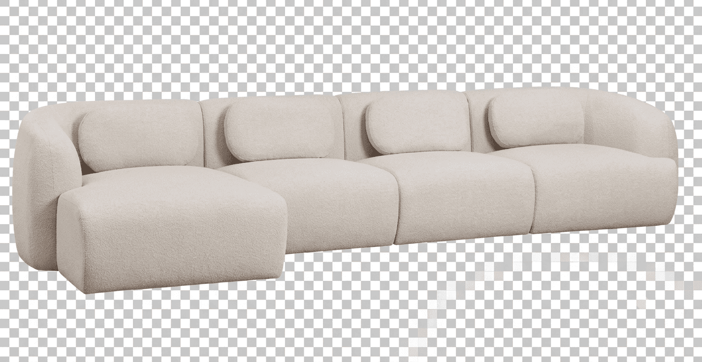 A large, contemporary sectional sofa upholstered in a light beige boucle fabric, featuring a left-ha… — 3D model