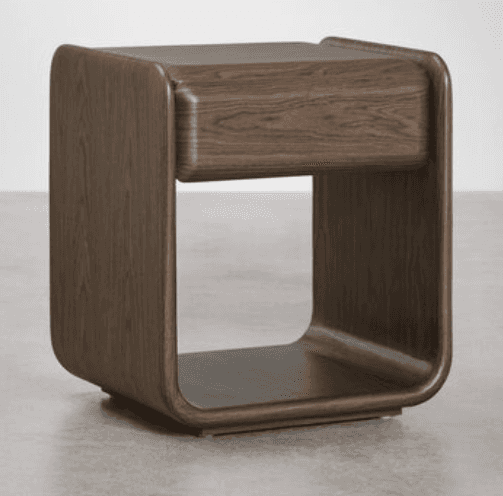 A modern, minimalist side table with a dark wood veneer finish, featuring seamless rounded edges and… — 3D model