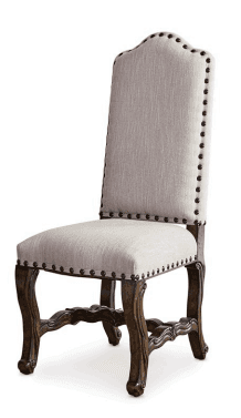 A tall, upholstered dining chair with a curved, tufted backrest and a cushioned seat. The frame and… — 3D model