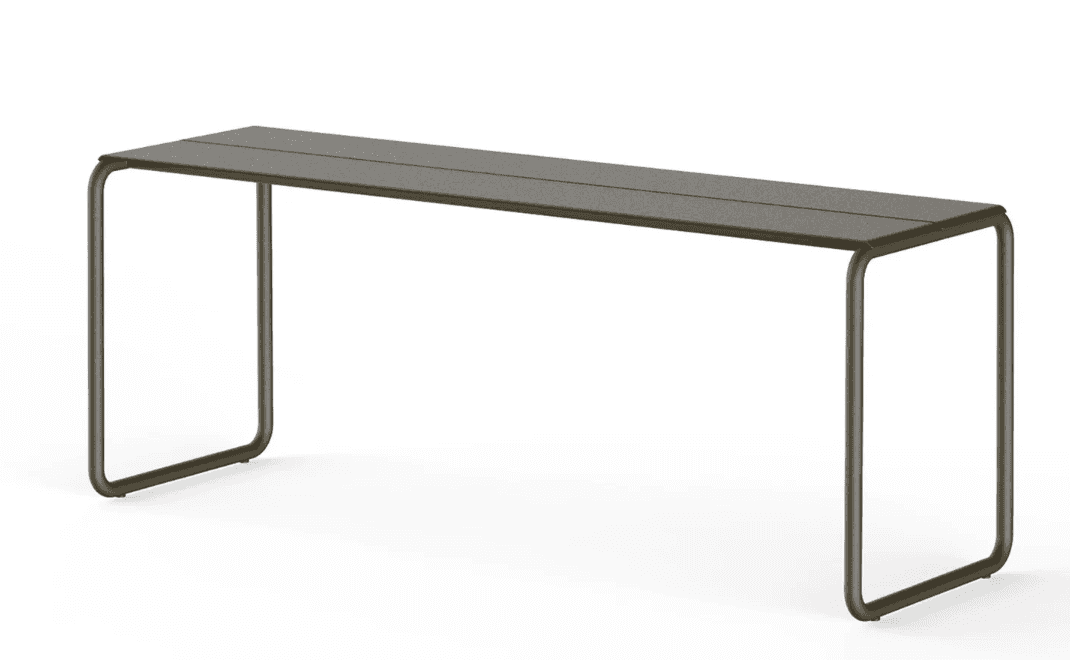 A minimalist bench with a slender, rectangular top supported by two U-shaped legs. The top appears t… — 3D model