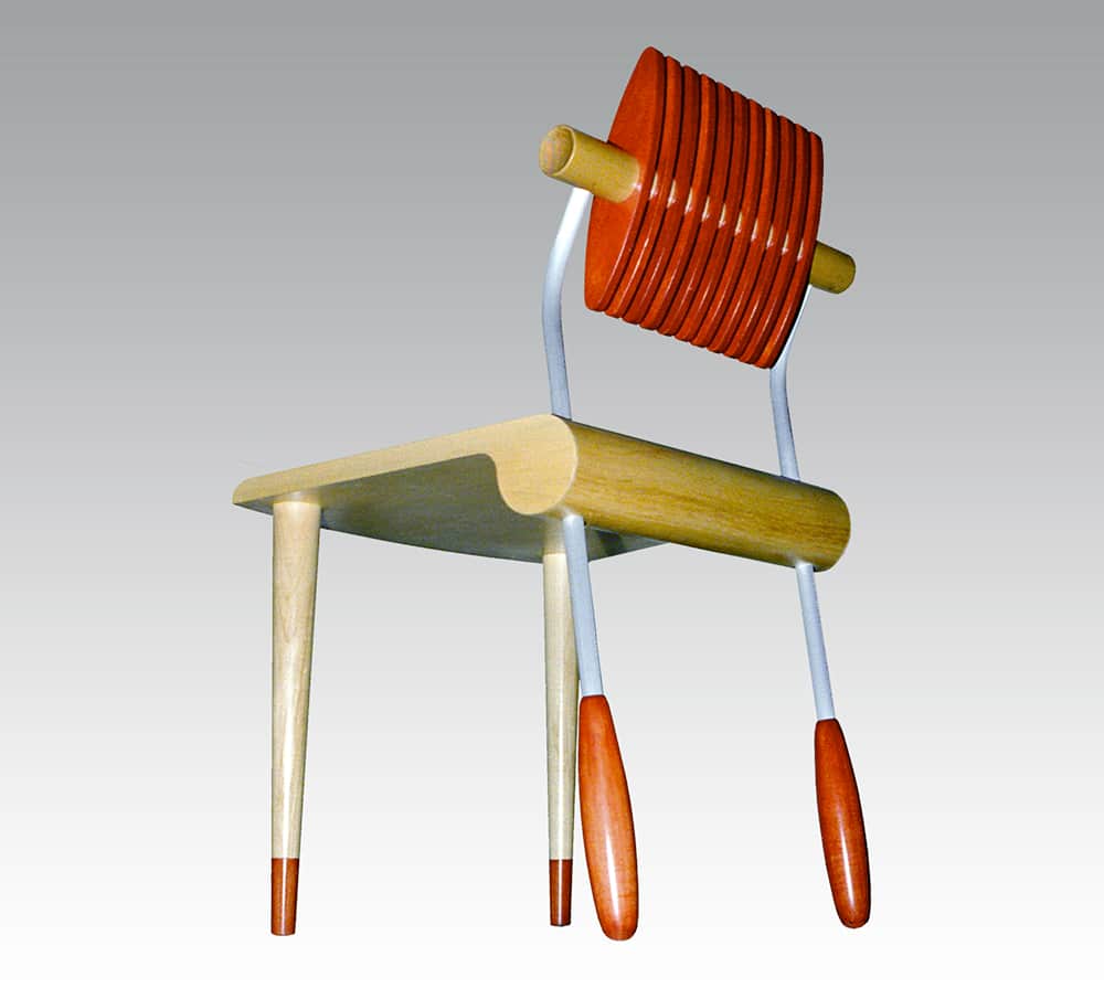 A visually striking chair featuring a natural wood seat and front legs, complemented by white metal… — 3D model