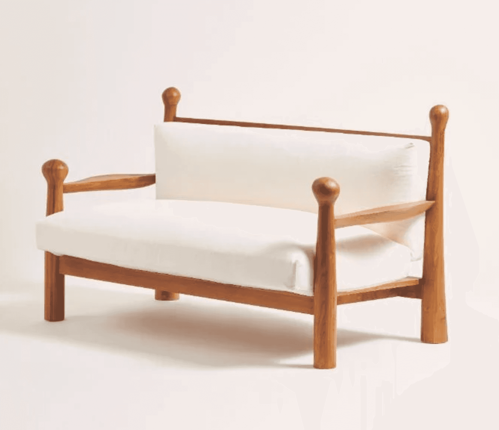 A wooden loveseat featuring a solid wood frame with distinctive turned posts at each corner, topped… — 3D model