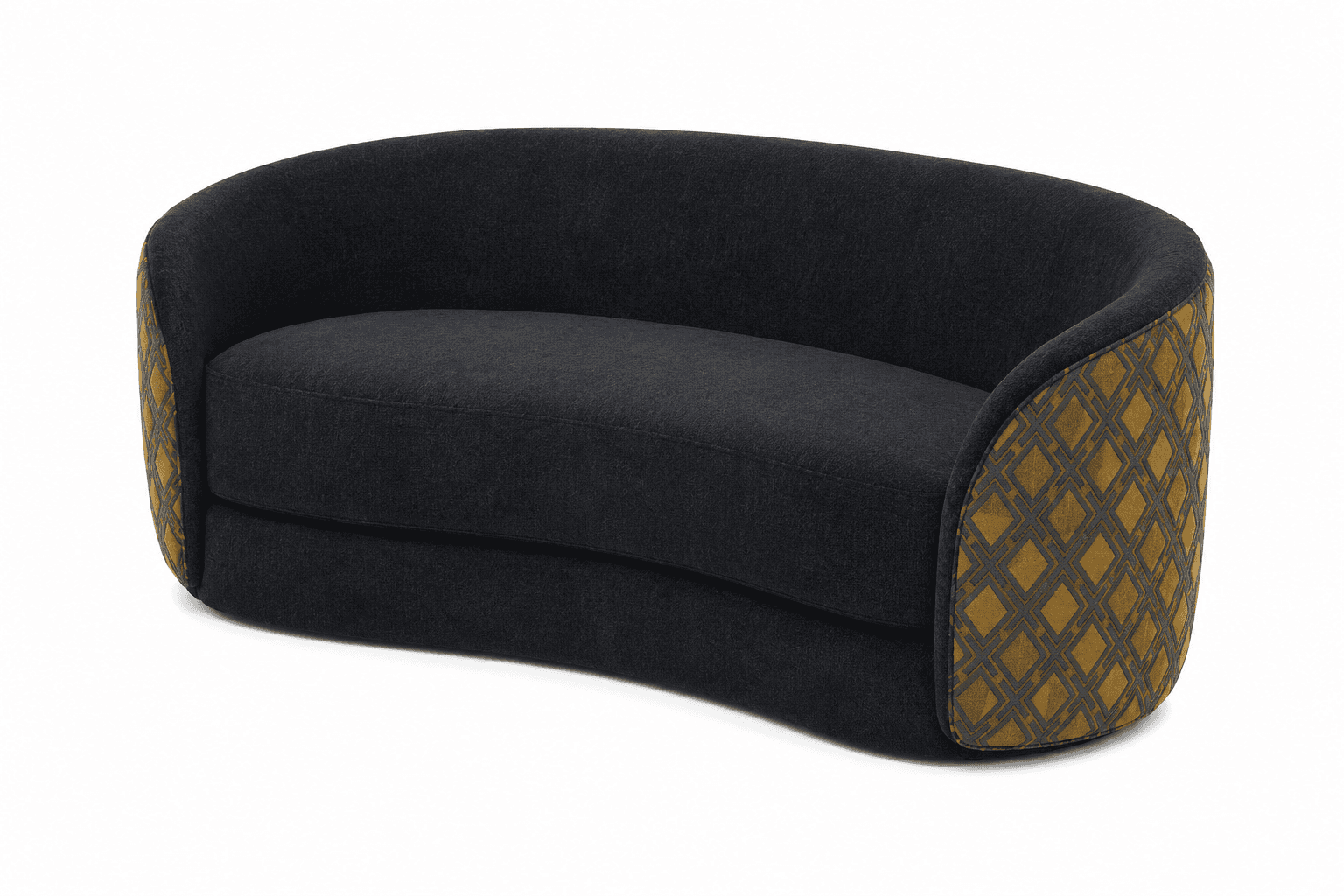 A contemporary curved loveseat upholstered in dark grey fabric, featuring striking mustard yellow si… — 3D model