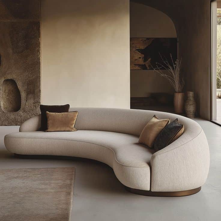 A contemporary curved sectional sofa upholstered in a light beige textured fabric, featuring a low-p… — 3D model