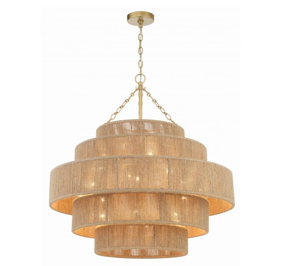 A tiered chandelier with a layered drum shade design. The shades are wrapped in natural fiber rope,… — 3D model