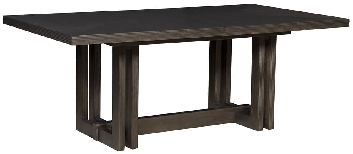 A rectangular dining table with a dark finish. The table features a robust base constructed from ver… — free BLEND 3D model