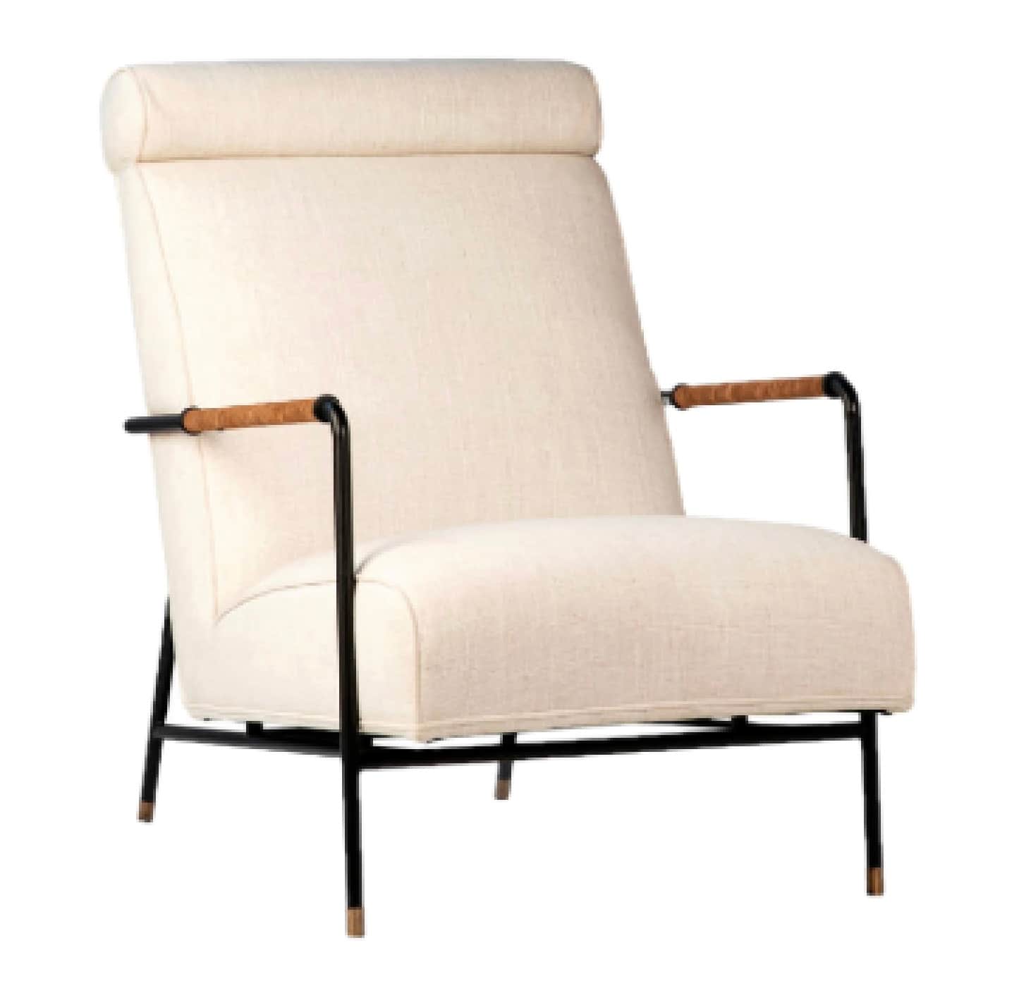 A contemporary high-back lounge chair featuring an off-white upholstered body, a distinctive rolled… — 3D model
