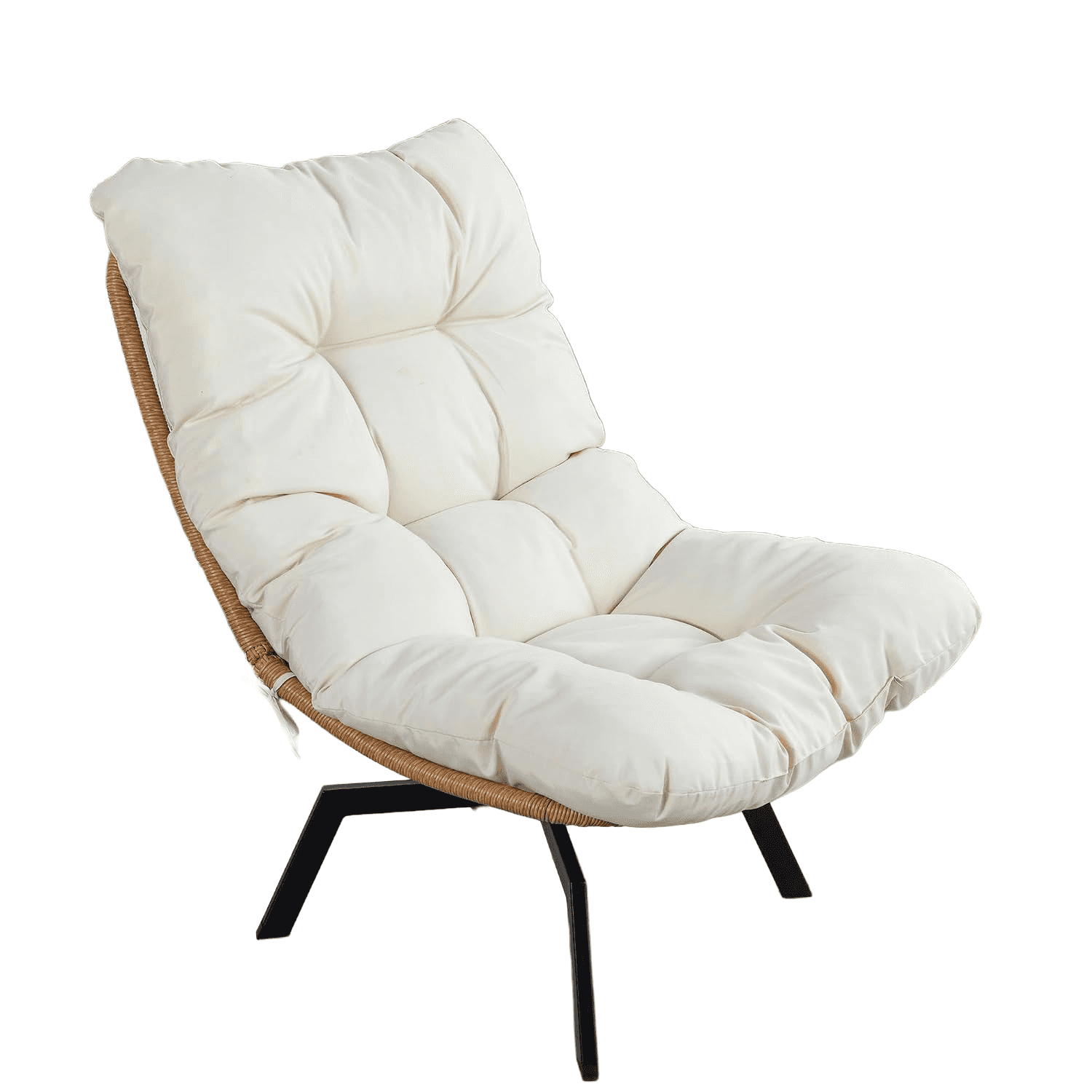 A low-profile lounge chair featuring a curved, woven rattan frame and thick, off-white tufted fabric… — 3D model