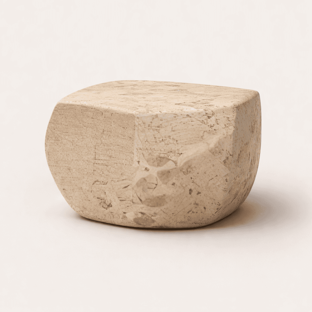 A faceted block-like end table with a rounded front and flat top. The material appears to be natural… — 3D model
