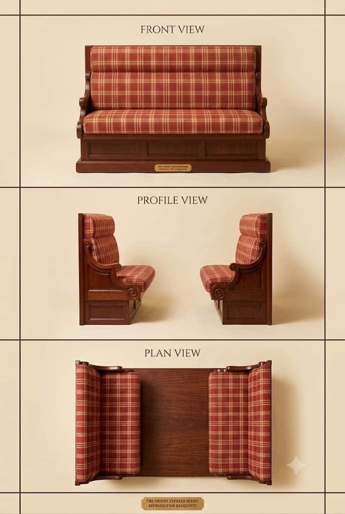 A traditional banquette seating unit featuring a dark, carved wooden frame and red and cream plaid u… — 3D model