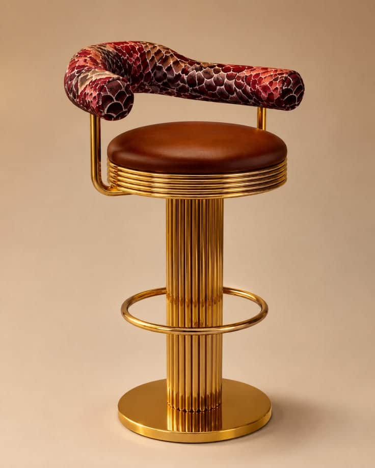 A high-backed bar stool featuring a serpentine, upholstered backrest with a reptilian print, a round… — 3D model