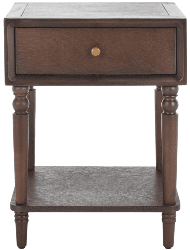 A dark brown wooden end table with a single drawer and a lower shelf. The table features turned legs… — 3D model