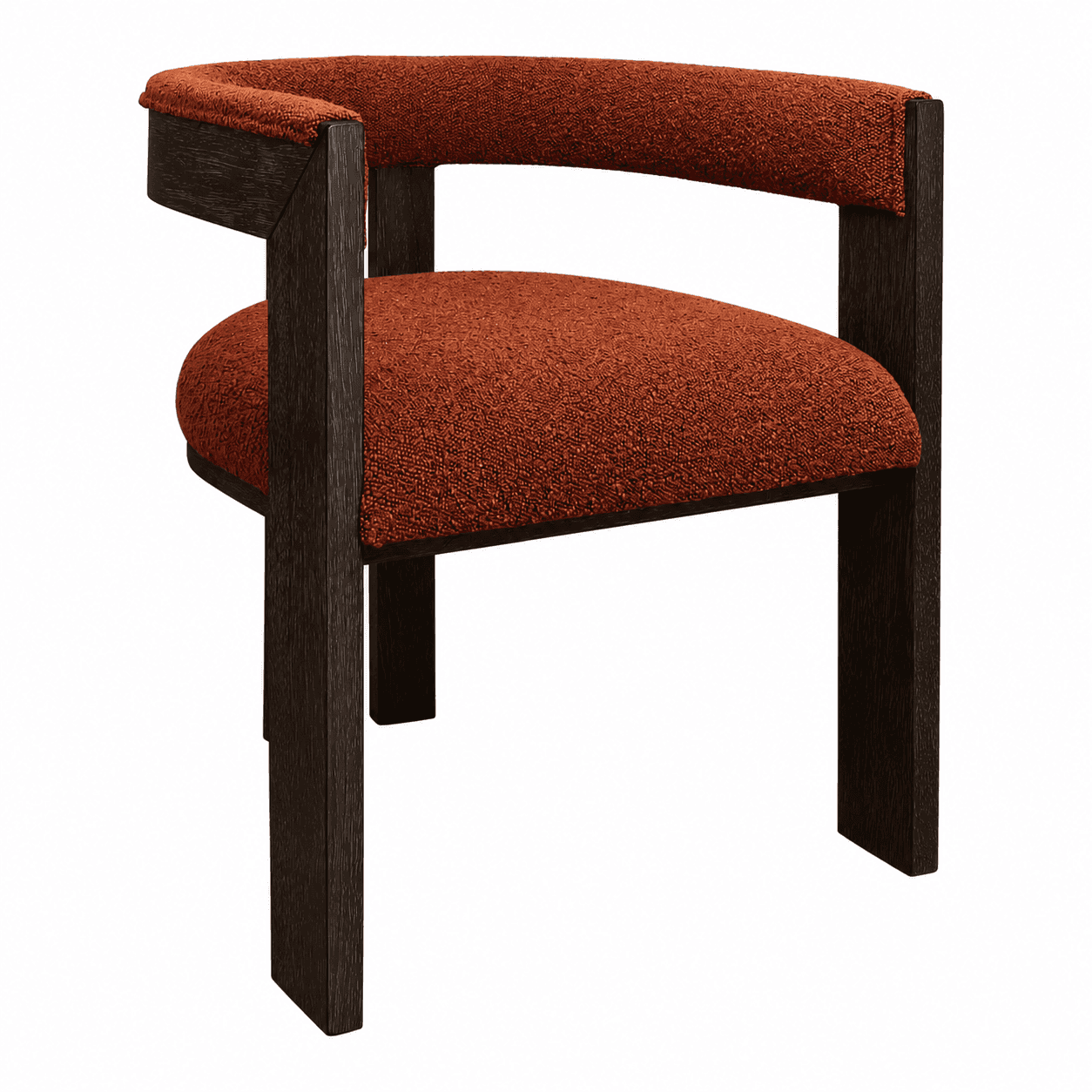 A contemporary armchair featuring a robust dark-stained wooden frame and textured rust-colored uphol… — 3D model