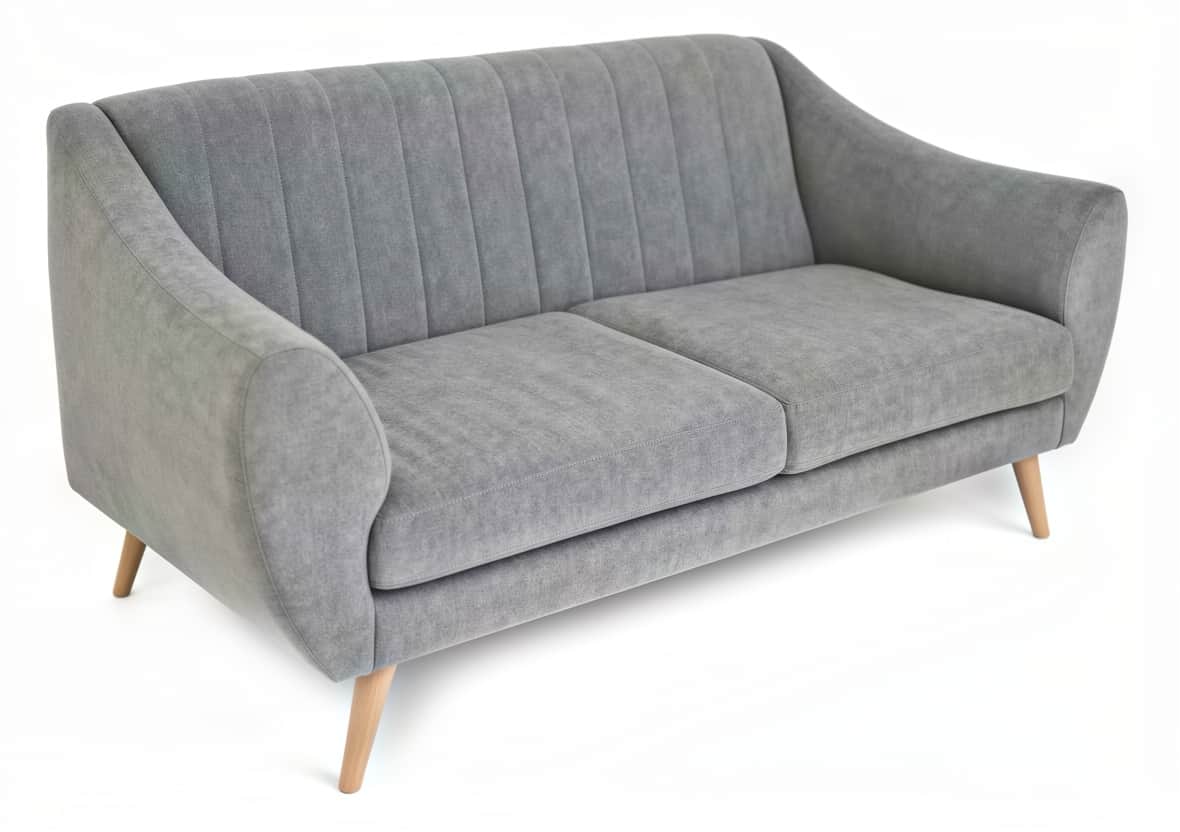 A gray upholstered two-seater sofa with a mid-century modern aesthetic, featuring channel tufting on… — 3D model