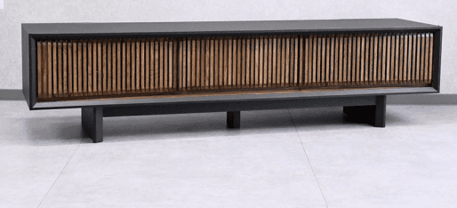 A long, low credenza featuring a slatted wooden front and a dark, matte frame. The credenza is suppo… — 3D model