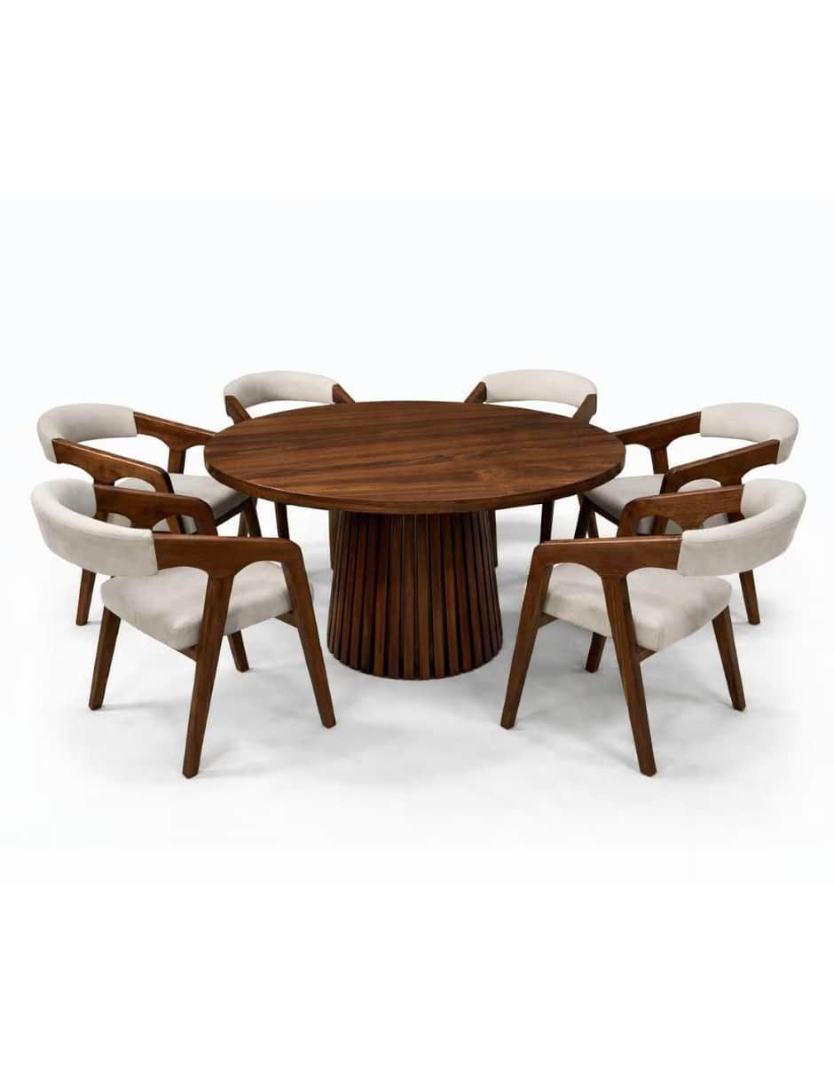A round, low-sitting coffee table made of dark walnut wood, featuring a circular top and a distincti… — 3D model