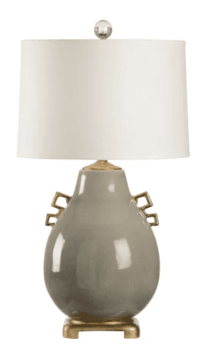 A table lamp featuring a grey, glazed ceramic gourd-shaped base with decorative brass-finished geome… — 3D model