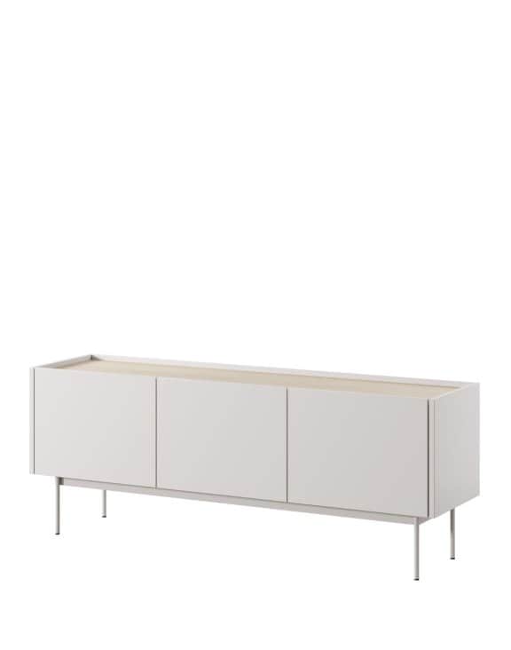 A modern minimalist sideboard featuring a light gray cabinet body with three handleless doors and a… — 3D model