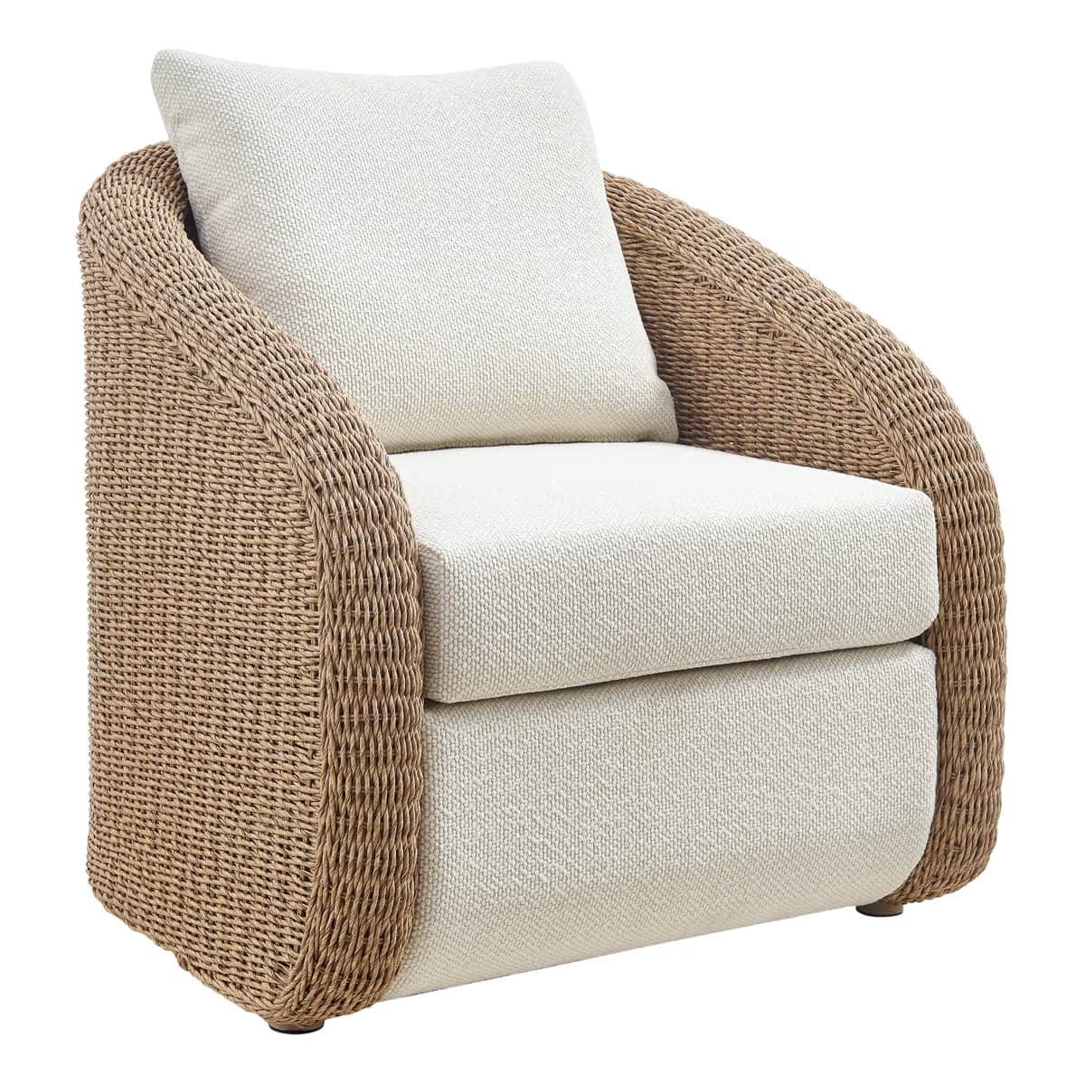 This is an armchair featuring a rounded, barrel-shaped frame constructed from tightly woven natural… — 3D model