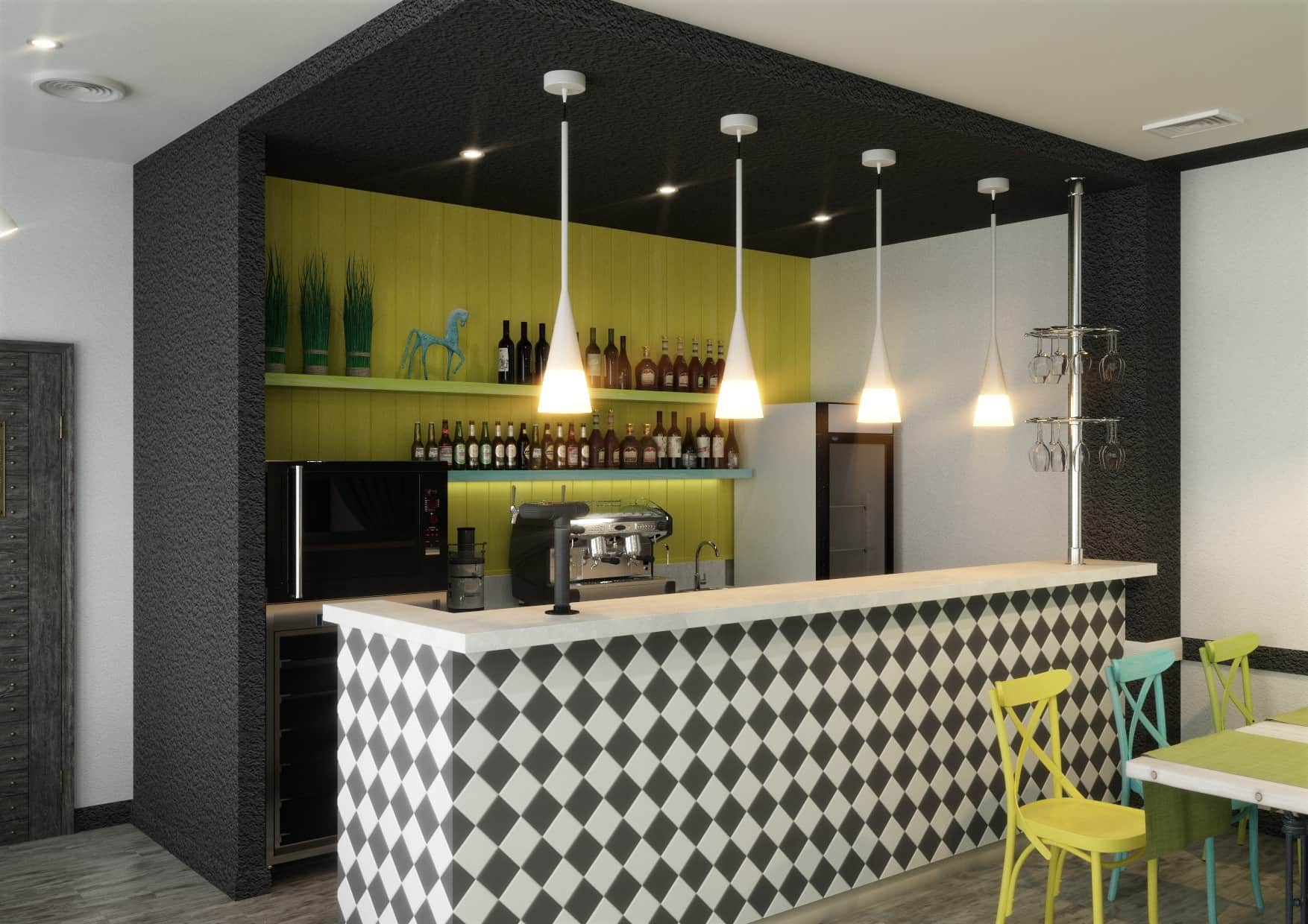 A modern bar counter with a white countertop and a black and white diamond-patterned tile backsplash… — free OBJ 3D model